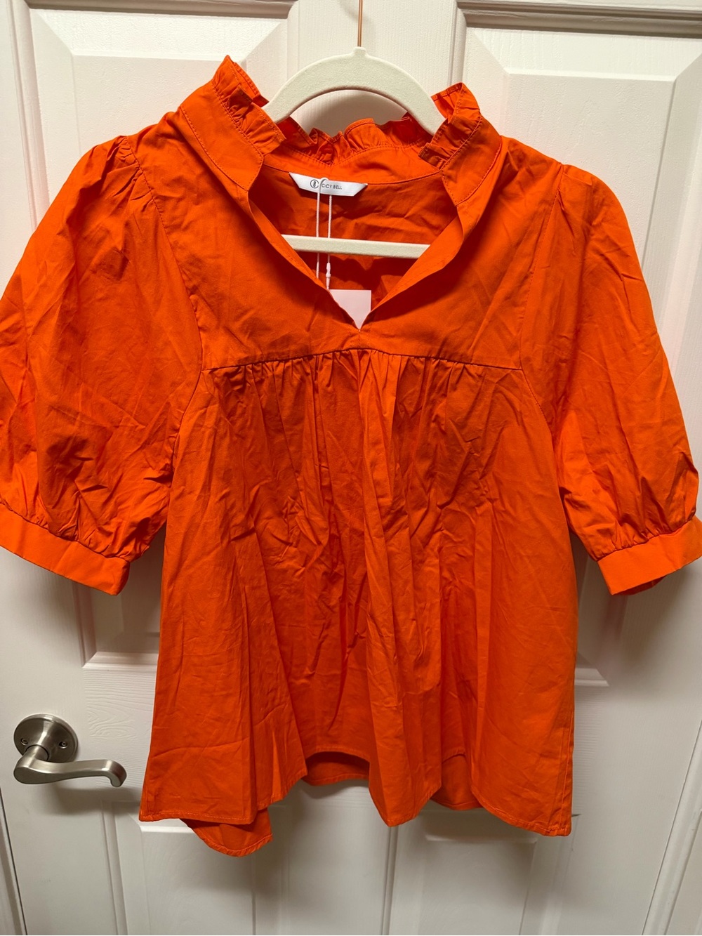 Ruffled V-Neck Poplin Blouse in Vibrant Orange